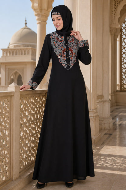 Faux Buttoned Front Paisley Embroidered Abaya