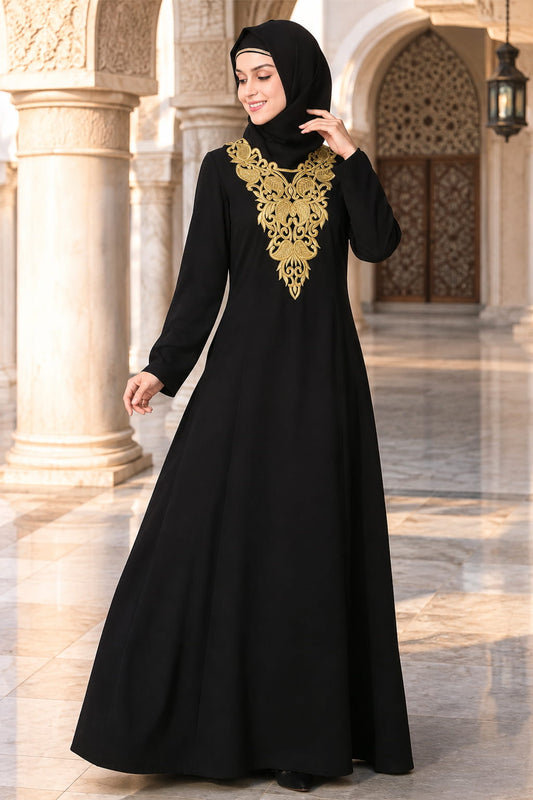 Gold Embroidered Fancy Occasion Wear Abaya