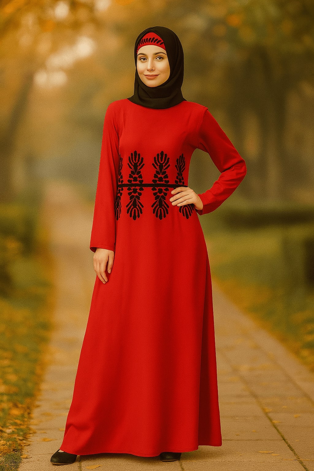 Woman wearing a red dress with black embroidery in an outdoor setting