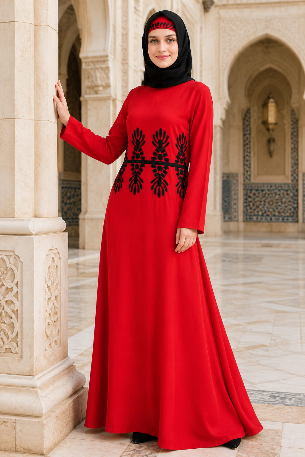 Graphic Pattern Embellished Red Rayon Abaya