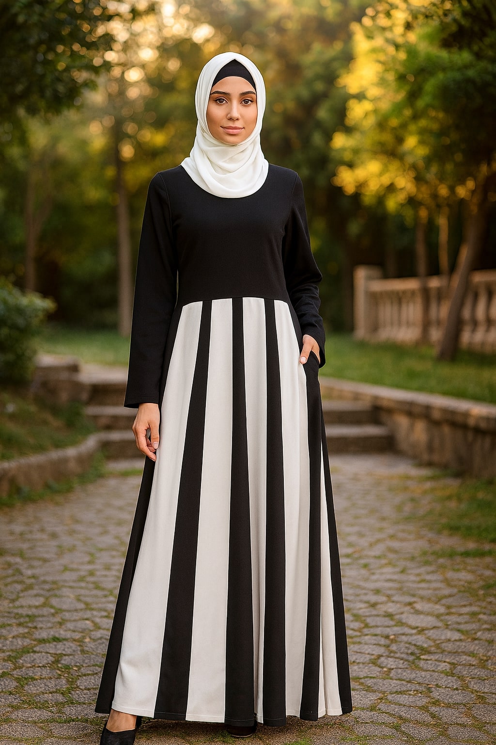 Woman wearing a black and white striped dress in a park setting