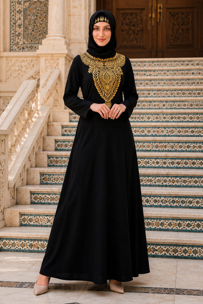 Gold & Copper Hand Embroidered Neck Fancy Abaya AY-807