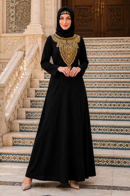 Gold & Copper Hand Embroidered Neck Fancy Abaya AY-807