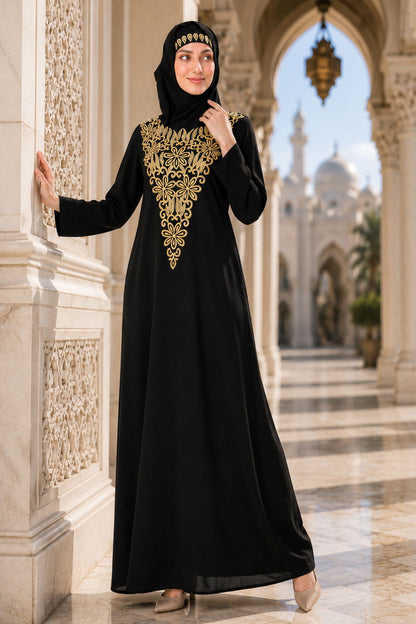 Gold Hand Embroidered Neck Fancy Abaya AY-809