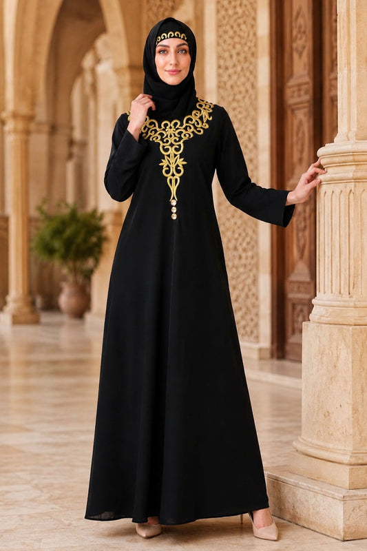 Black Abaya With Gold Embroidery AY-810