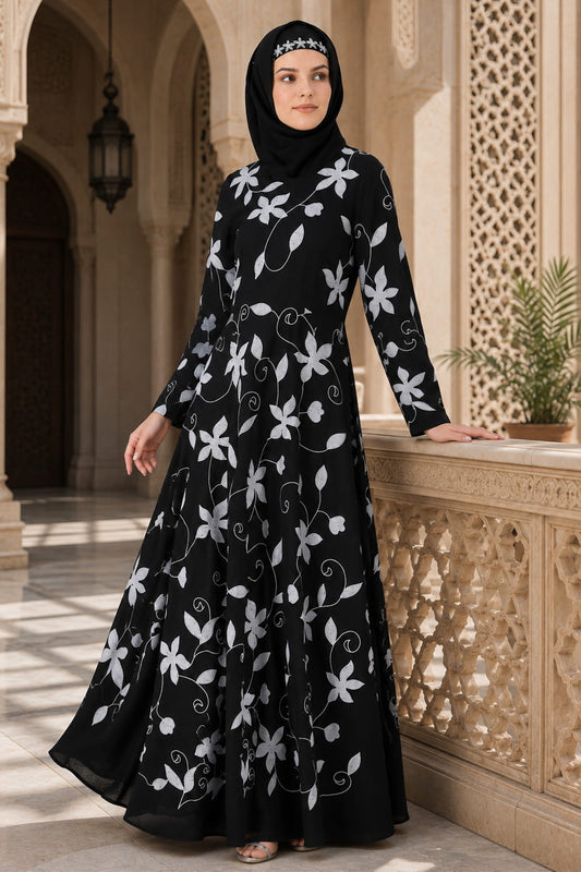 Embroidered Floral Vines Flared Abaya