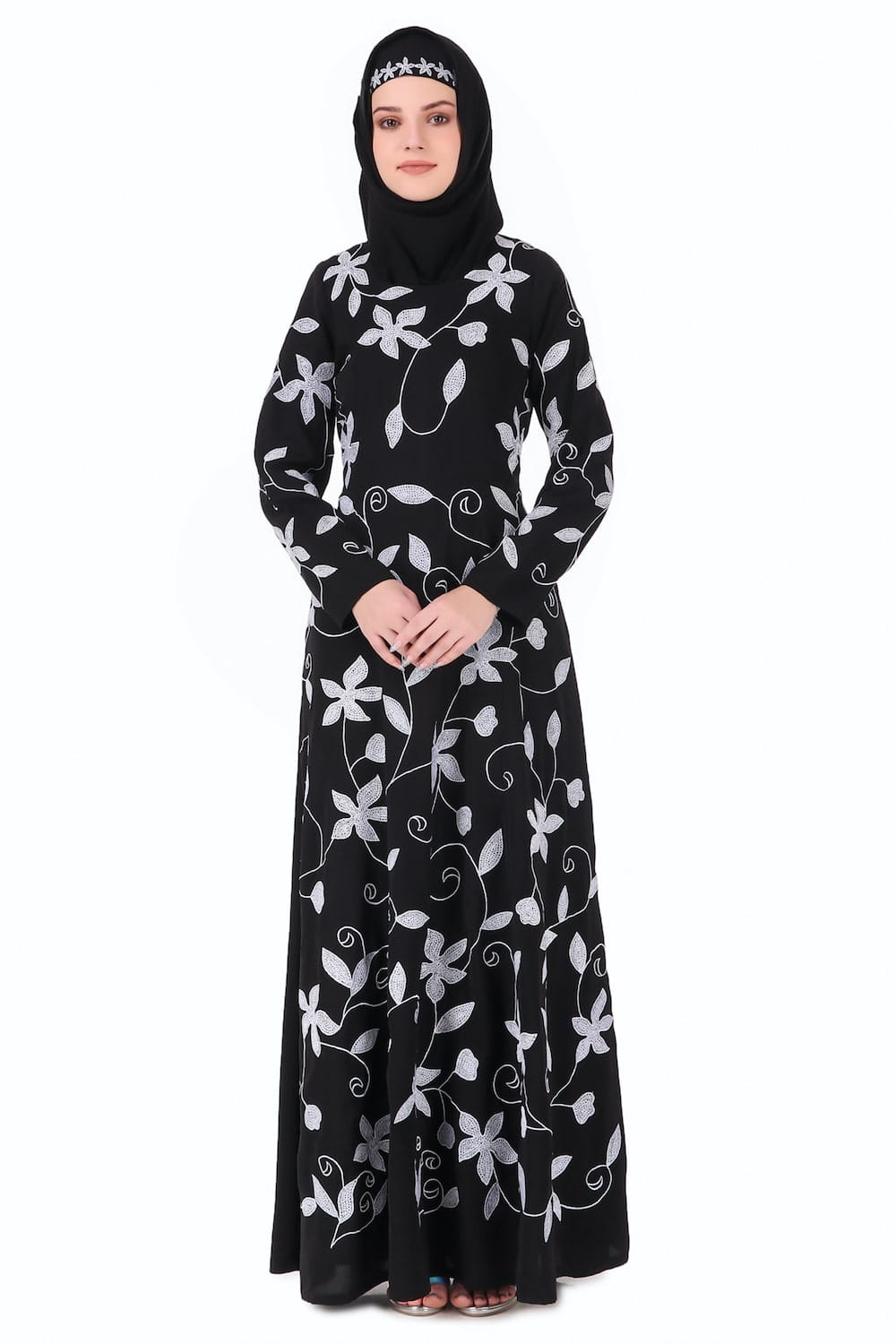 Embroidered Floral Vines Flared Abaya