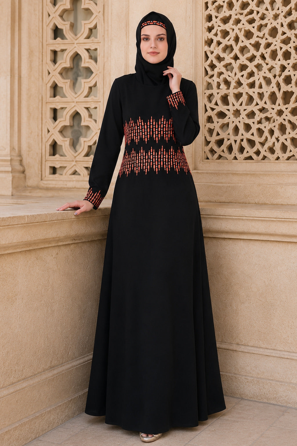 Graphic Stripe Embroidery A-Line Abaya