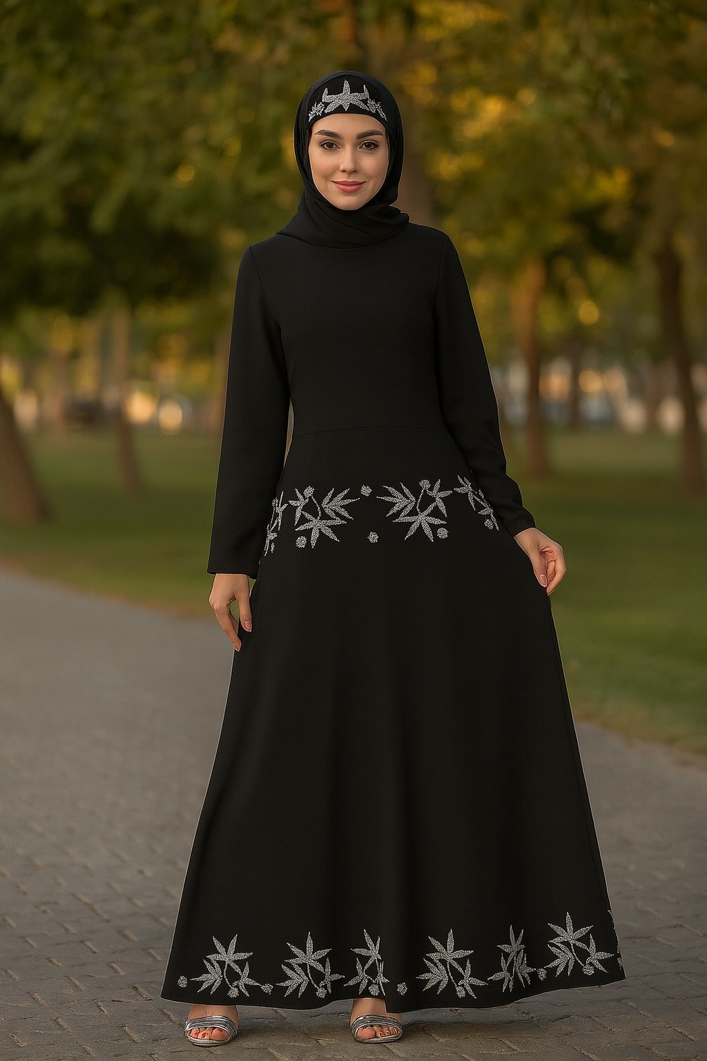 Woman wearing a black dress with white embroidery in an outdoor setting