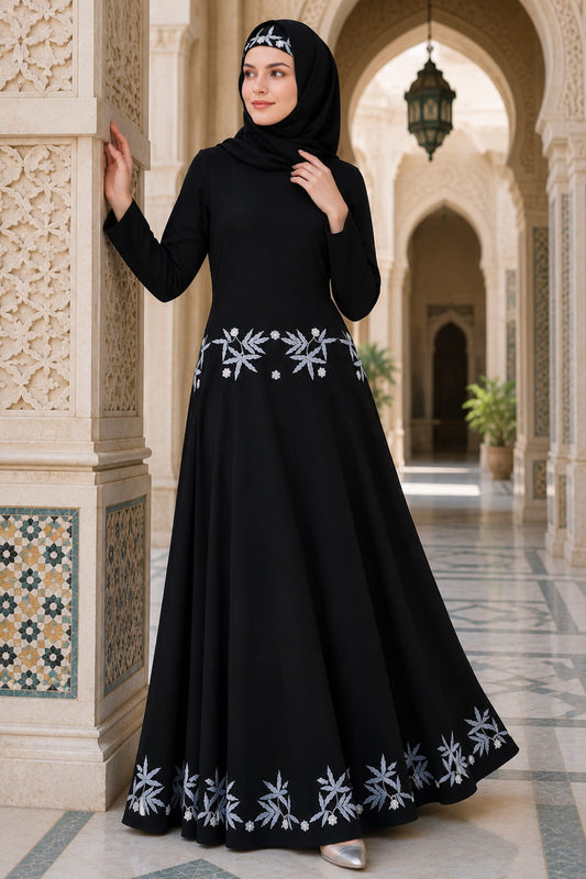Floral Embellished Flared Nida Abaya