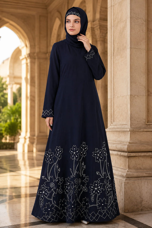 Floral Geo Embroidery Navy Blue Abaya