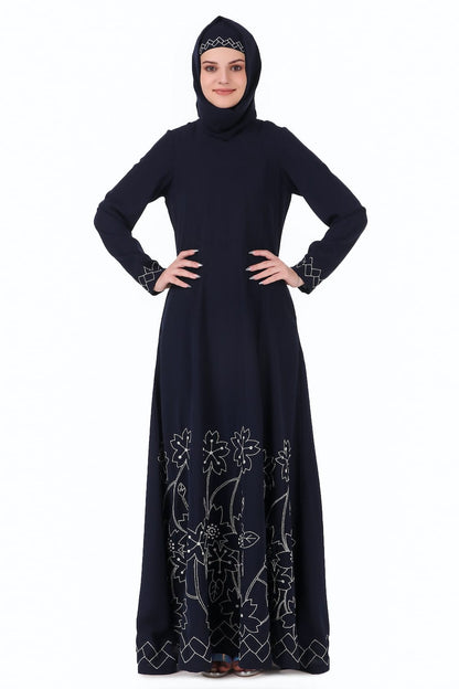 Floral Geo Embroidery Navy Blue Abaya