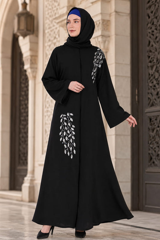 Front Open Hand Leaf Embroidered Dubai Abaya