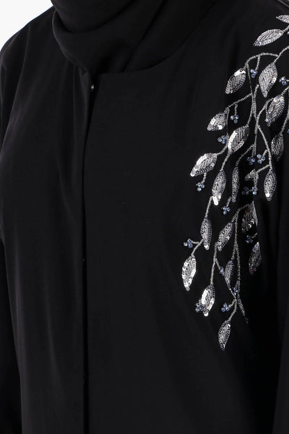 Front Open Hand Leaf Embroidered Dubai Abaya