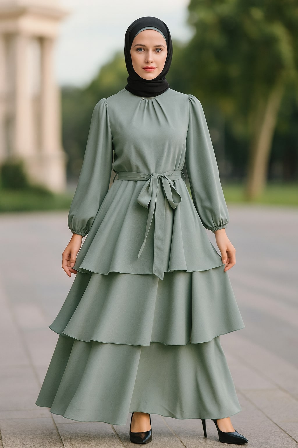 Fancy Sea Green Layered Abaya