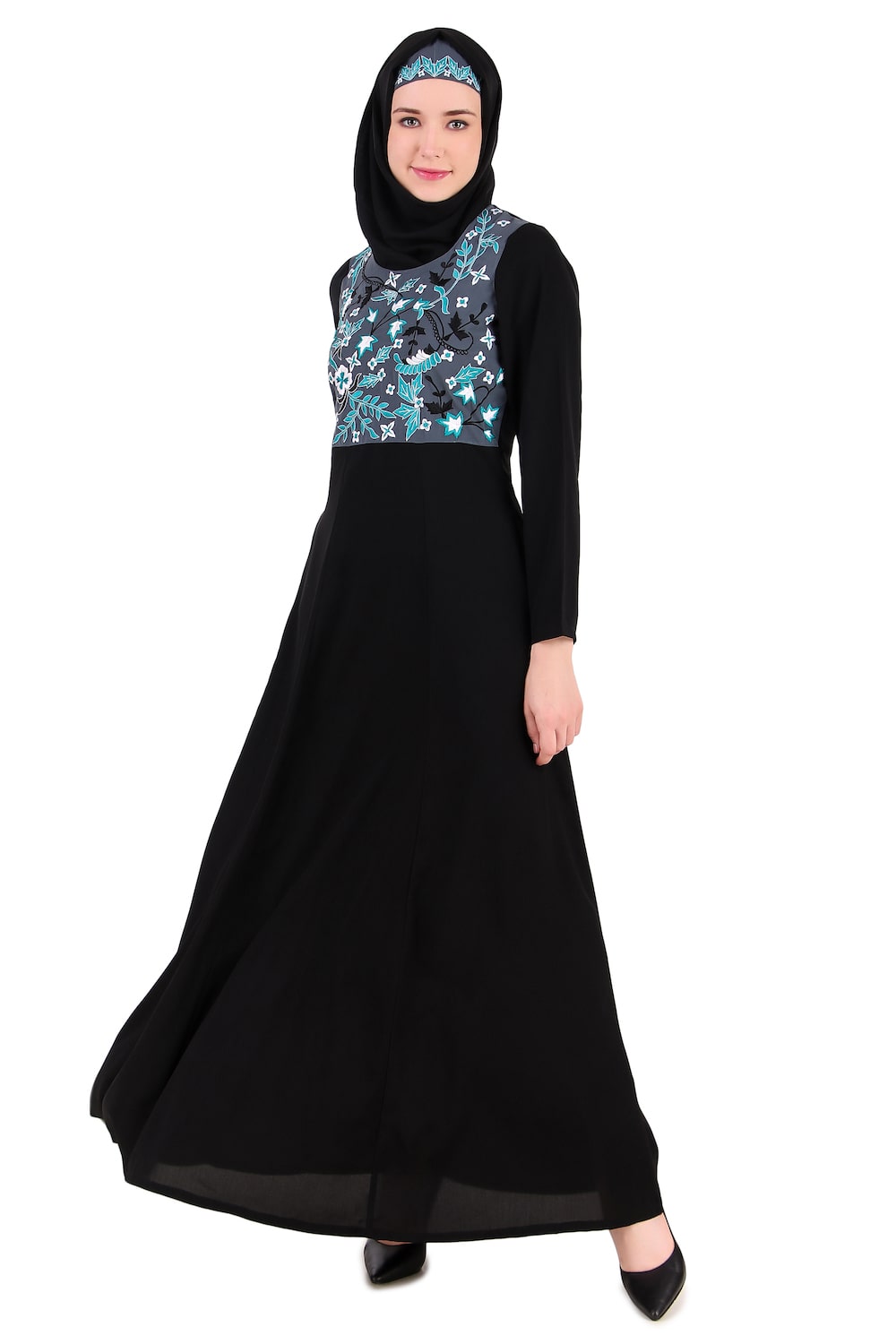 Floral Embroidered Bodice Multi Panel Abaya