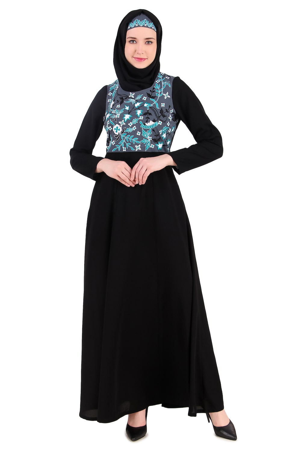 Floral Embroidered Bodice Multi Panel Abaya