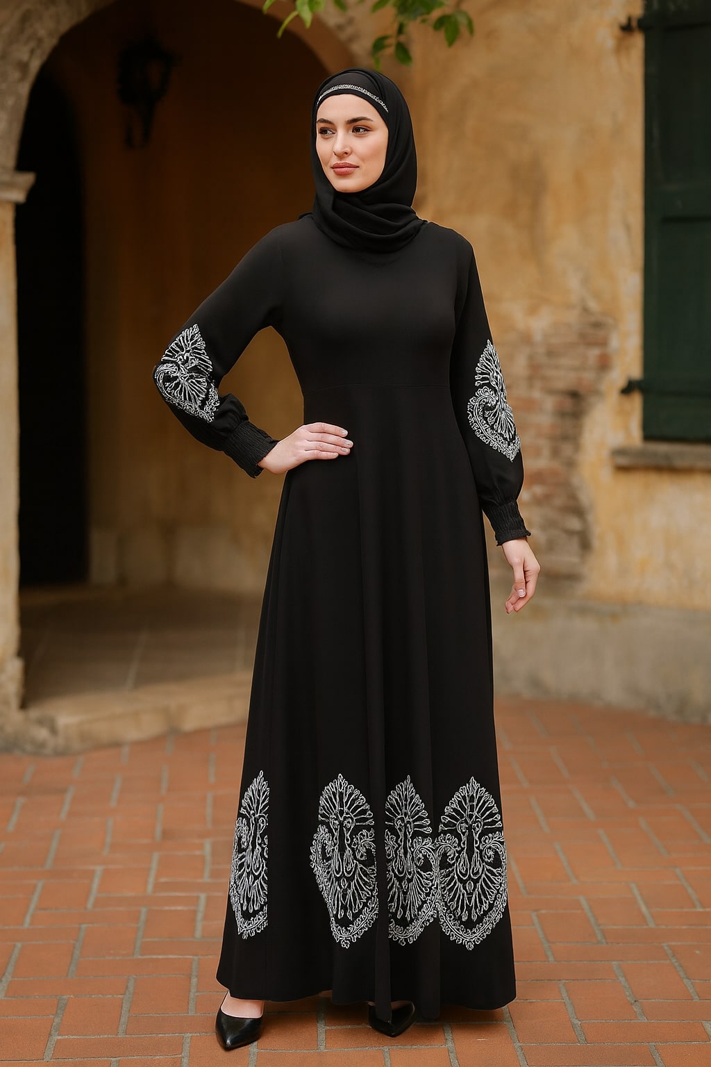 Woman wearing a black dress with silver embroidery in an outdoor setting.