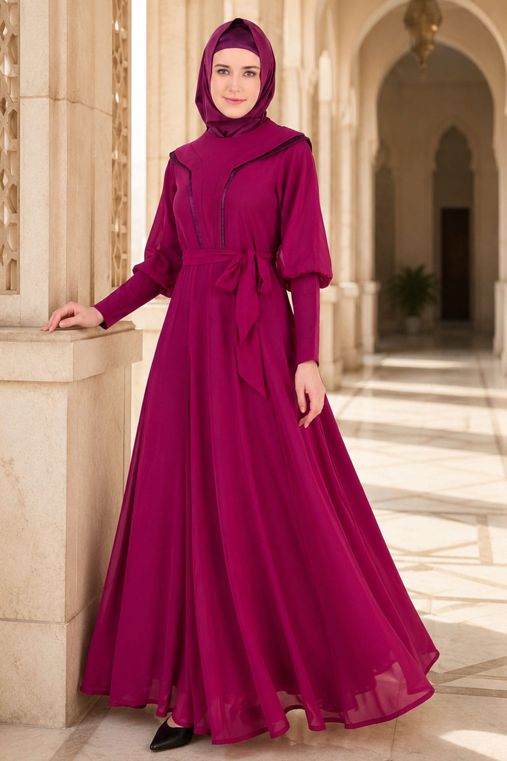 Royal Look Wine Satin and Georgette Abaya