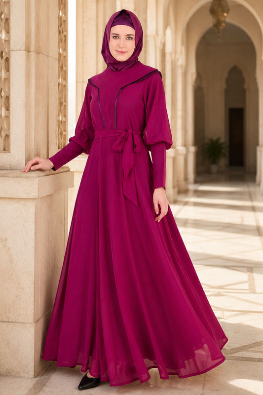 Royal Look Wine Satin and Georgette Abaya