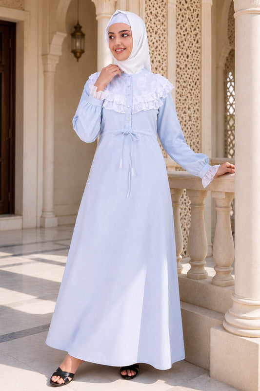 Drawstring Lace Embellished Cotton Chambray Abaya
