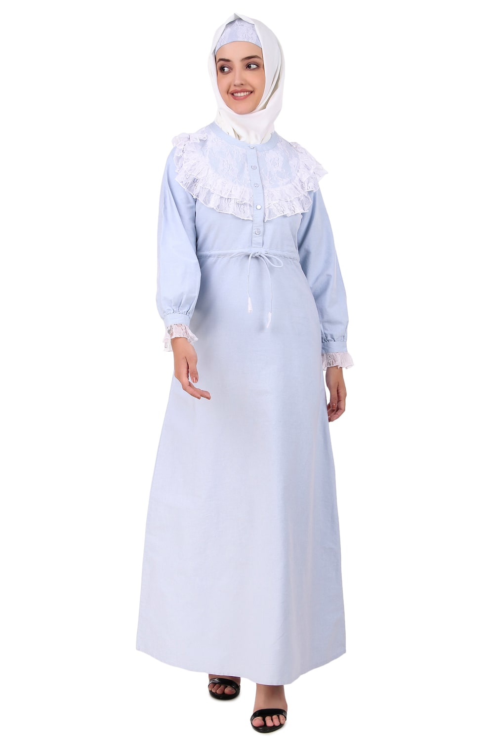 Drawstring Lace Embellished Cotton Chambray Abaya