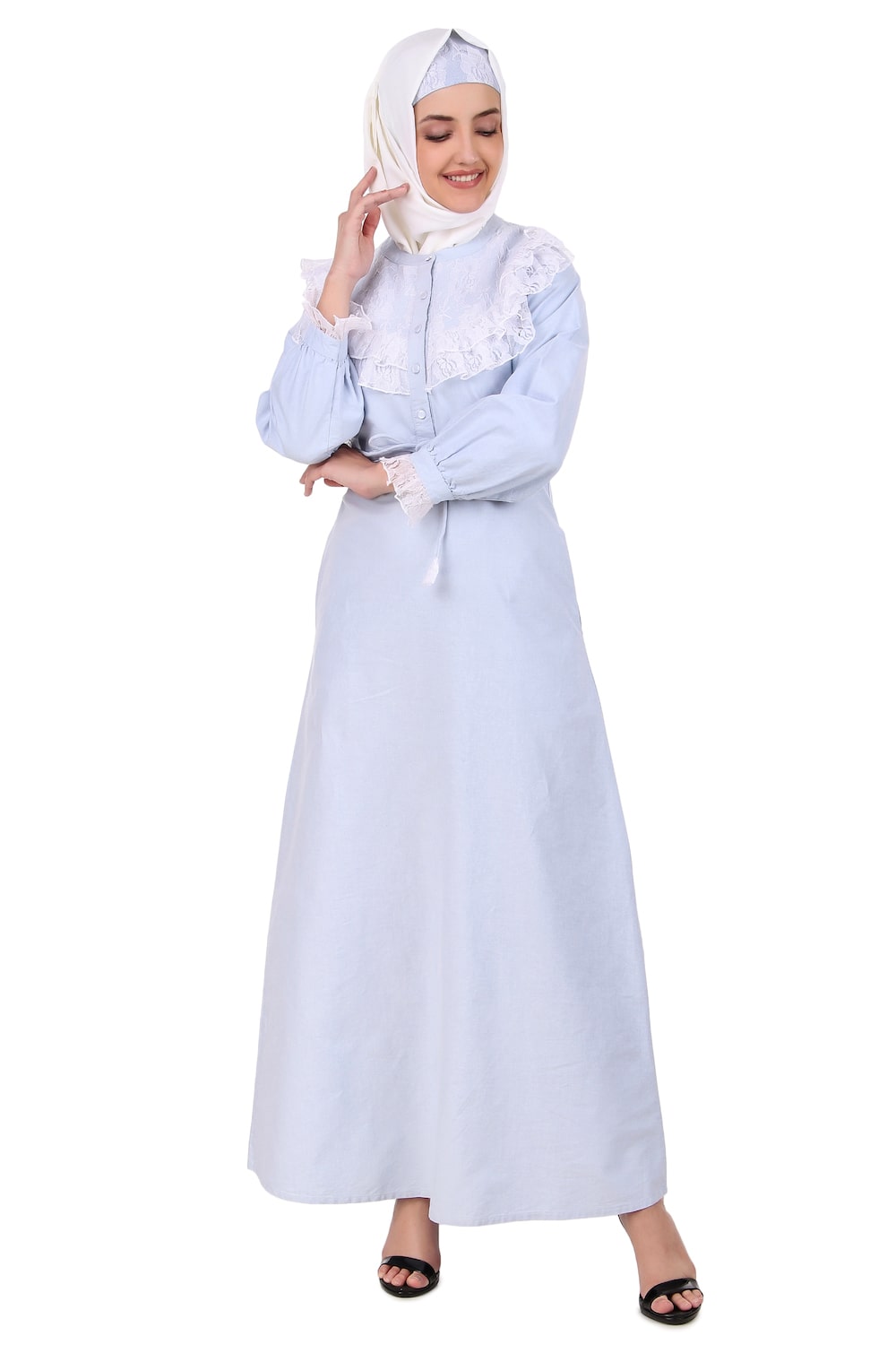 Drawstring Lace Embellished Cotton Chambray Abaya