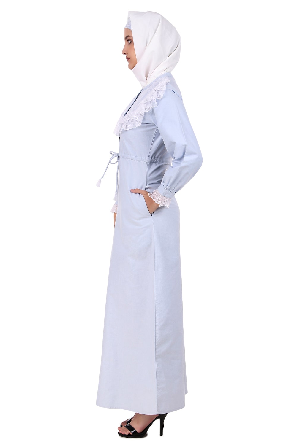 Drawstring Lace Embellished Cotton Chambray Abaya