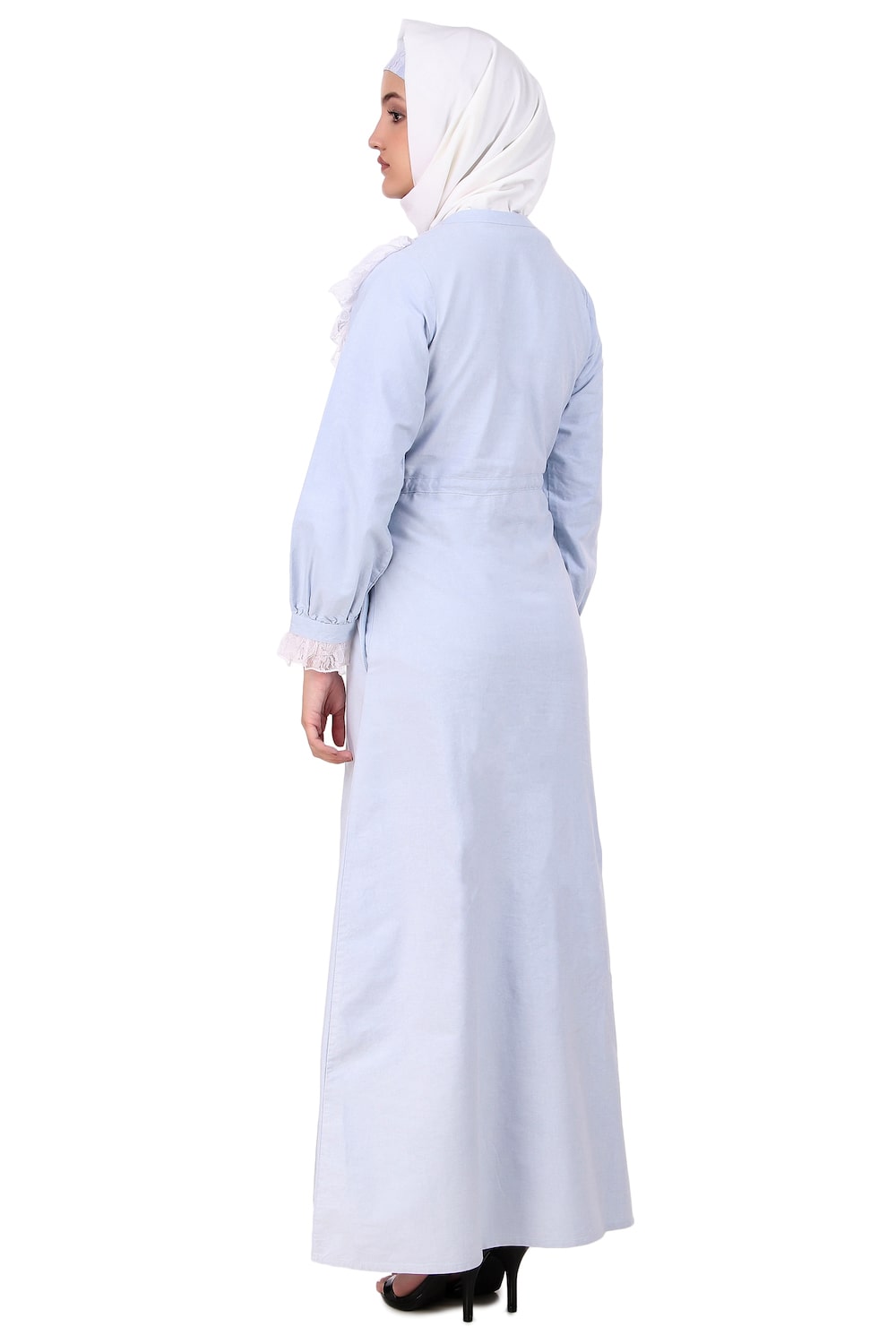 Drawstring Lace Embellished Cotton Chambray Abaya