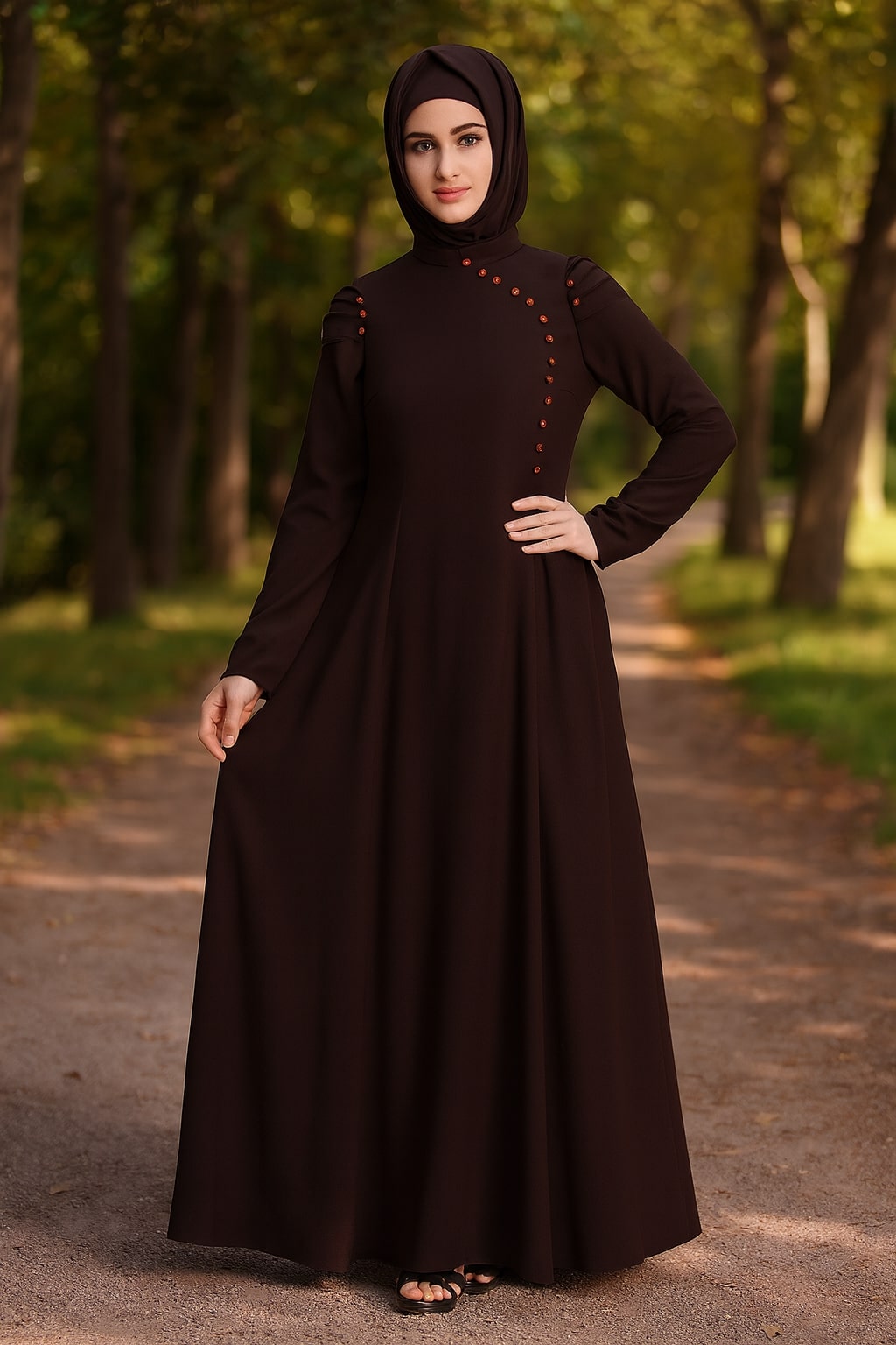 Woman wearing a dark brown dress with a hood in a forest setting