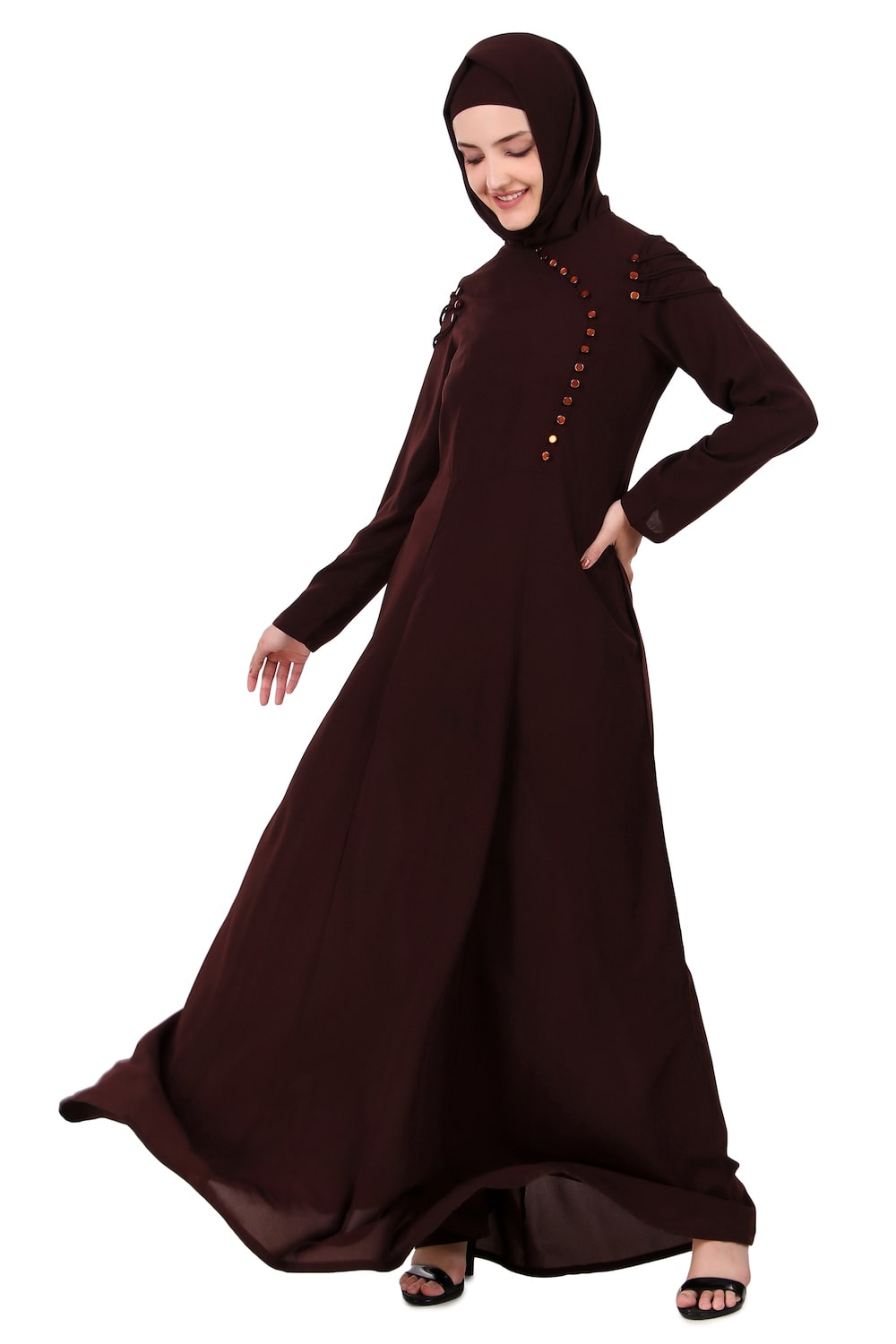 Button Embellished Curved Placket Brown Nida Abaya