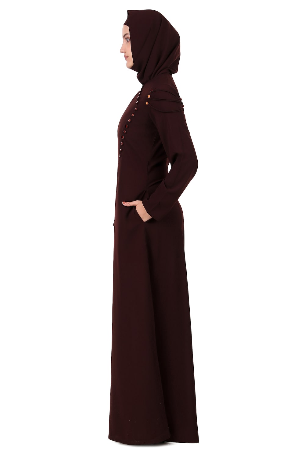 Button Embellished Curved Placket Brown Nida Abaya