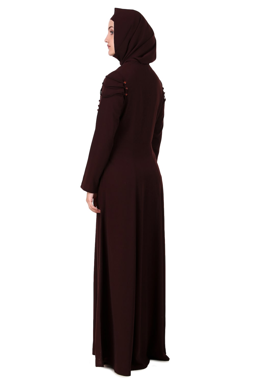 Button Embellished Curved Placket Brown Nida Abaya