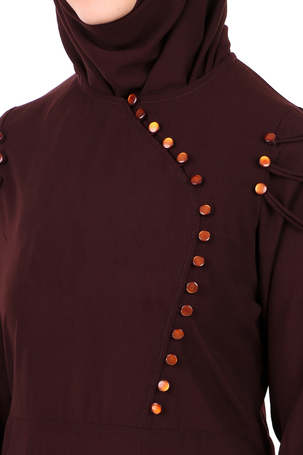 Button Embellished Curved Placket Brown Nida Abaya