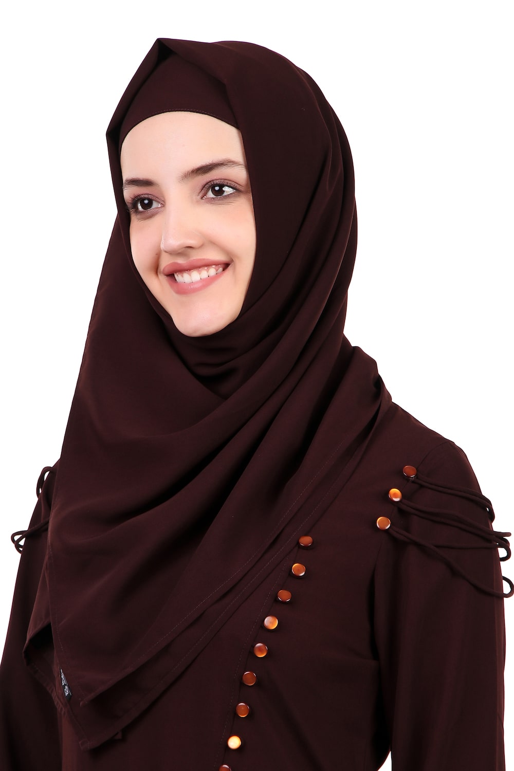 Button Embellished Curved Placket Brown Nida Abaya