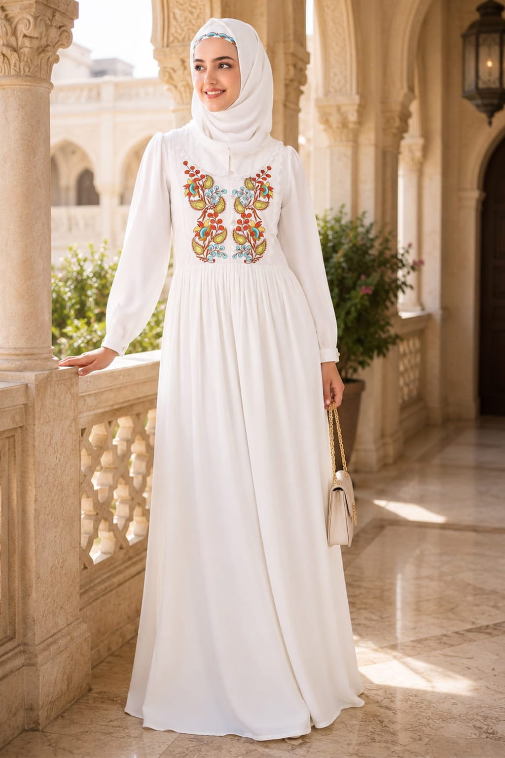Heavy Flared Hand Embroidered White Abaya