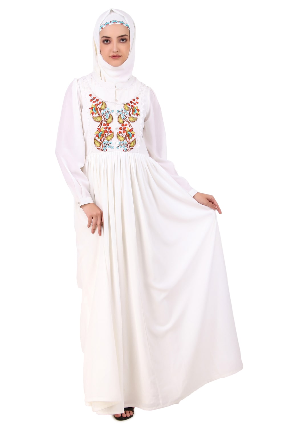 Heavy Flared Hand Embroidered White Abaya
