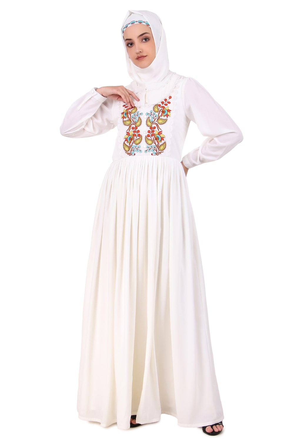 Heavy Flared Hand Embroidered White Abaya