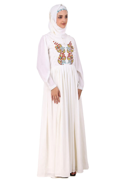 Heavy Flared Hand Embroidered White Abaya