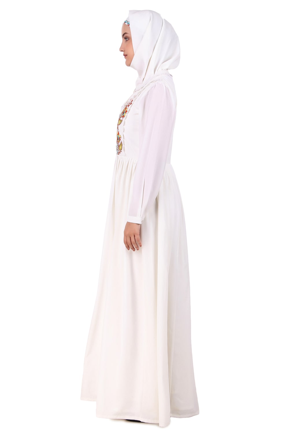 Heavy Flared Hand Embroidered White Abaya