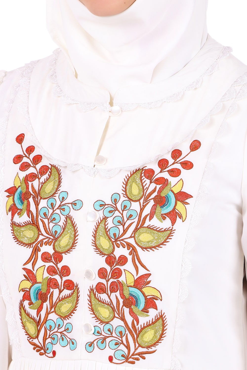 Heavy Flared Hand Embroidered White Abaya