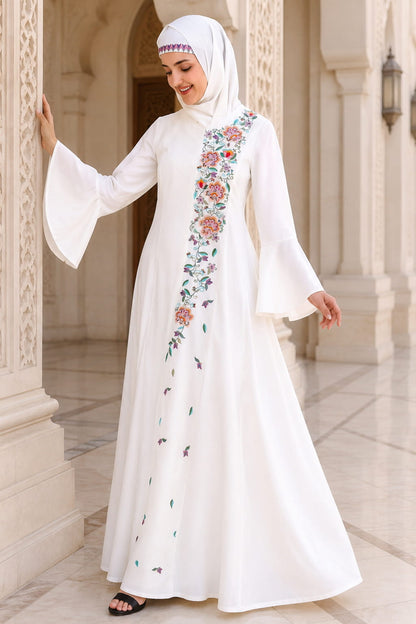 Hand Embroidered Princess Seam White Abaya