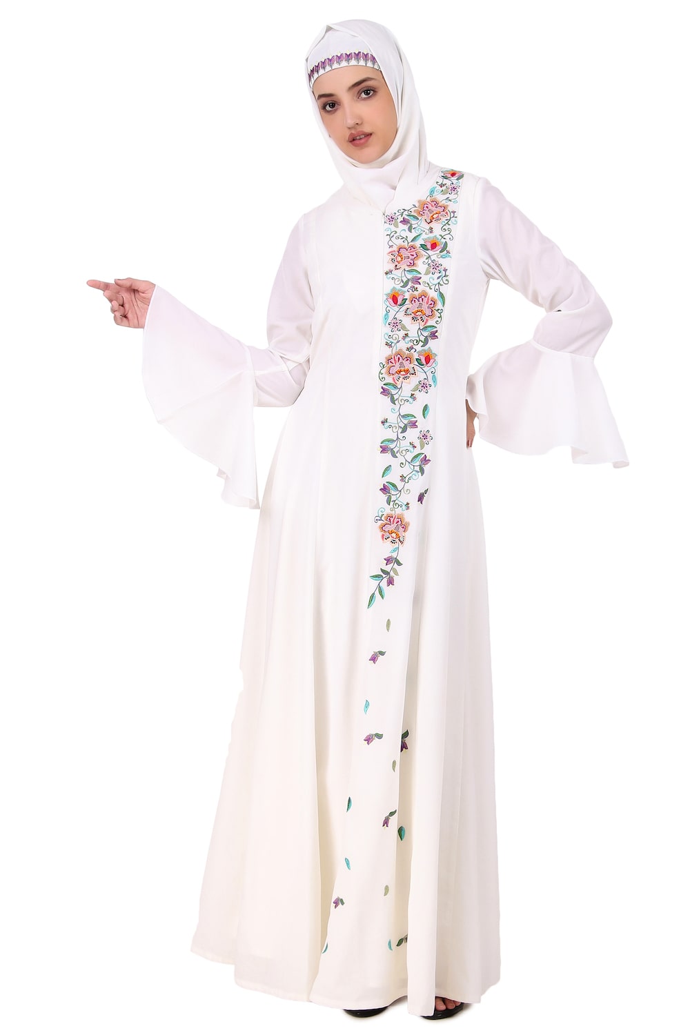 Hand Embroidered Princess Seam White Abaya