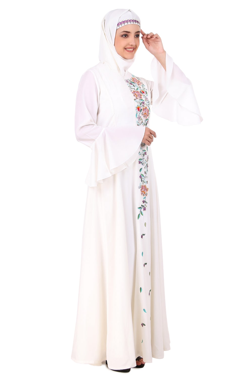 Hand Embroidered Princess Seam White Abaya