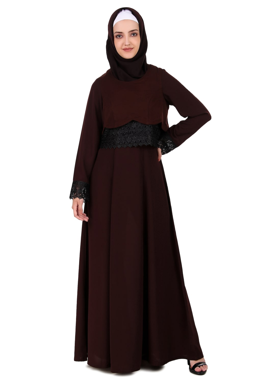 Brown Nida and Jersey Fancy Lace Abaya