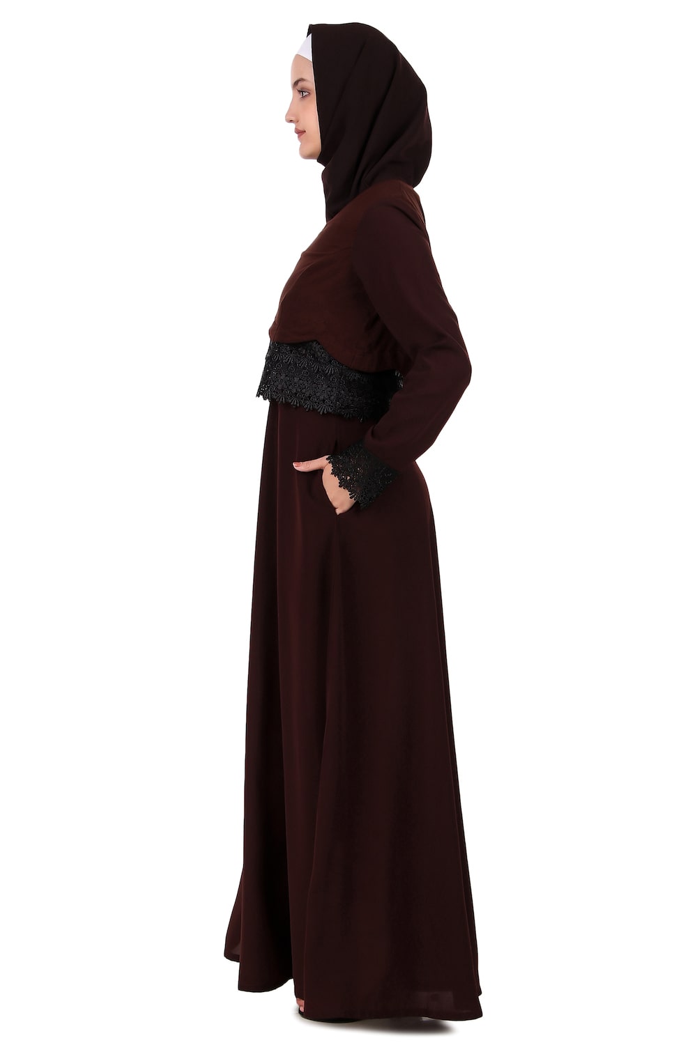 Brown Nida and Jersey Fancy Lace Abaya