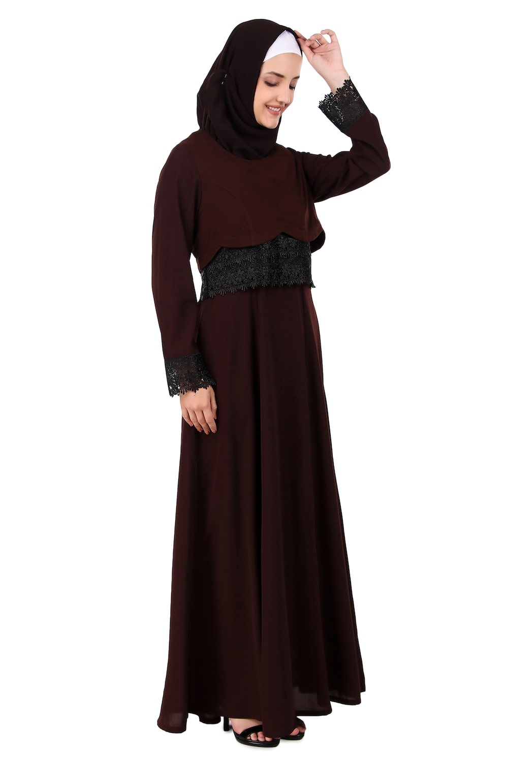 Brown Nida and Jersey Fancy Lace Abaya