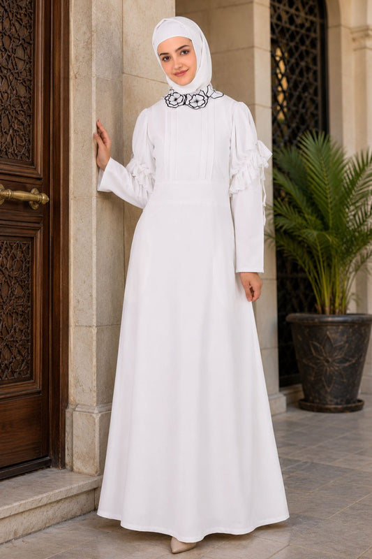 Embroidered Floral Neck White Abaya