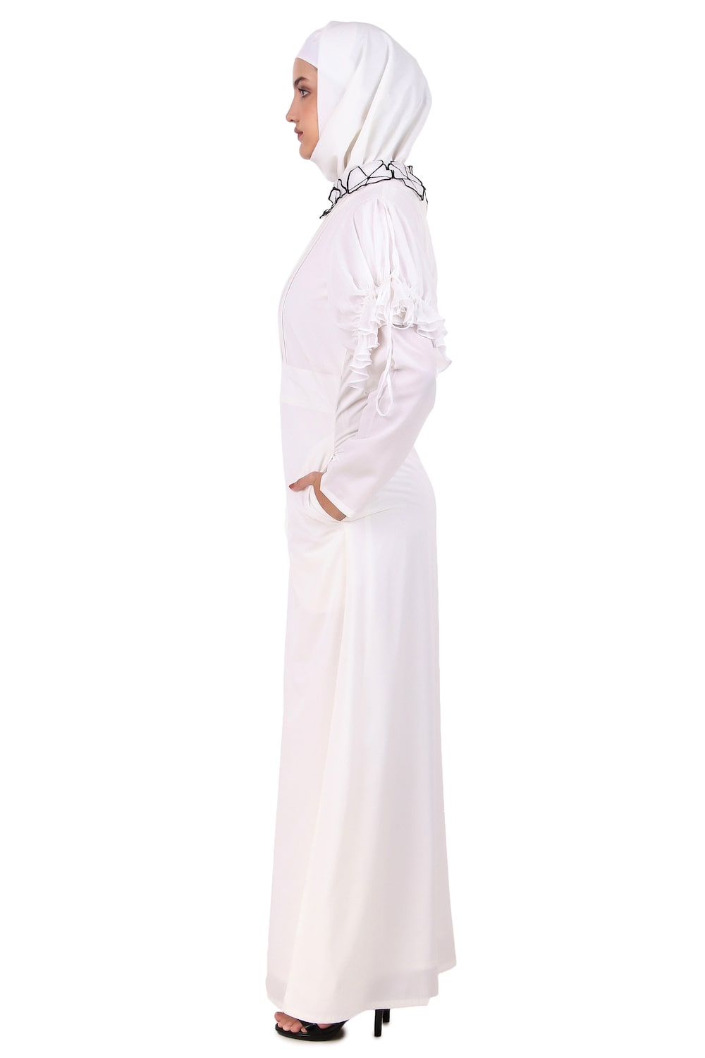 Embroidered Floral Neck White Abaya