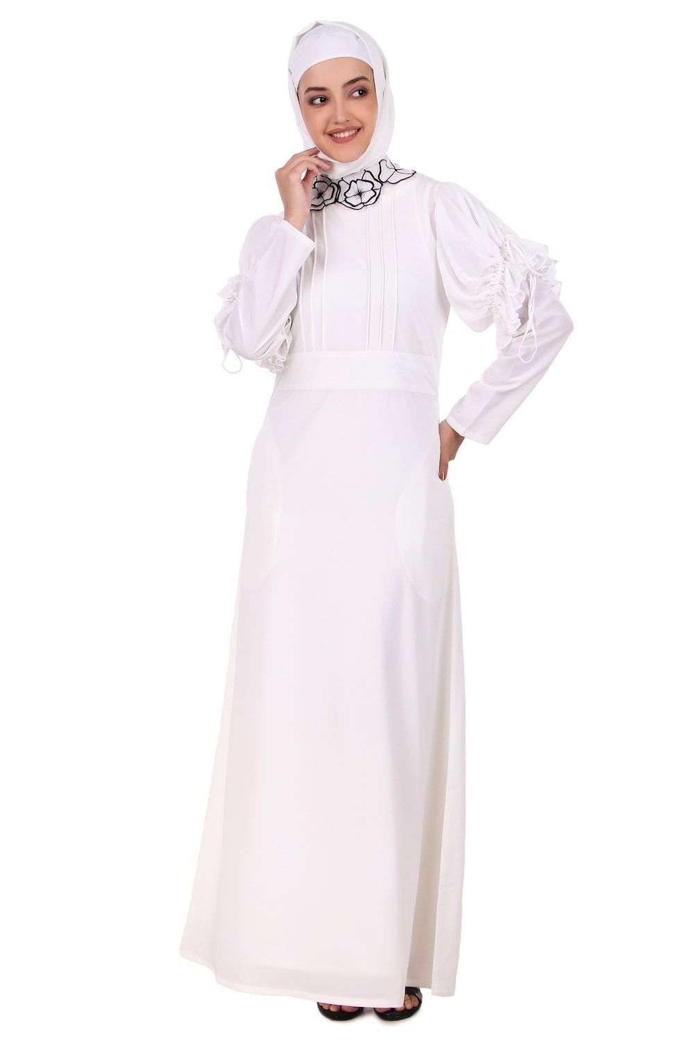 Embroidered Floral Neck White Abaya